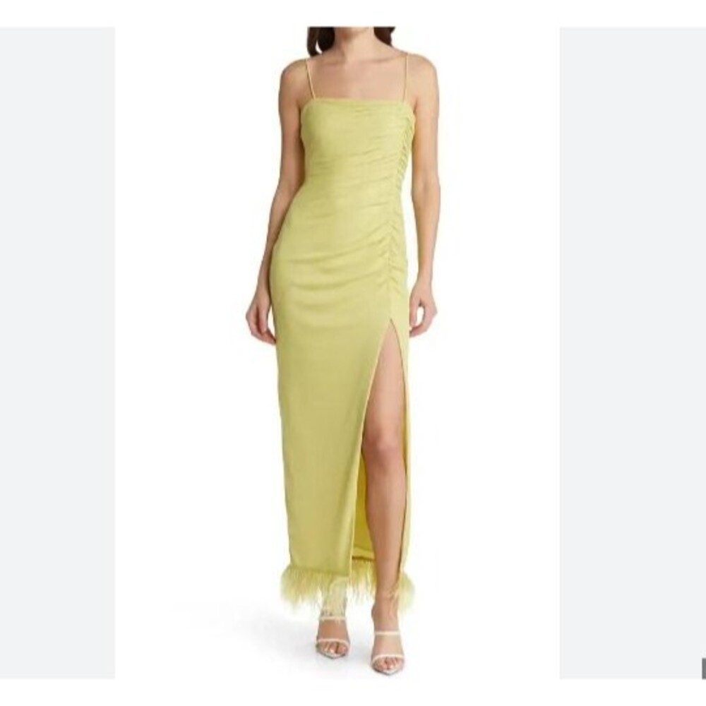 SAYLOR  Gardenia Ruched Metallic Midi Slit Dress Pear Yellow XS
